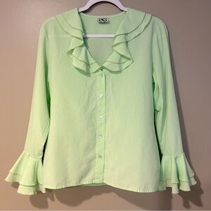 flare sleeve ruffle collar button up maximalist blouse vibrant lime green clown
